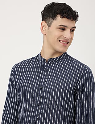 Linen Mix Printed Mandarin Collar Shirt