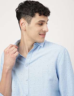 Linen Mix Printed Spread Collar Shirt