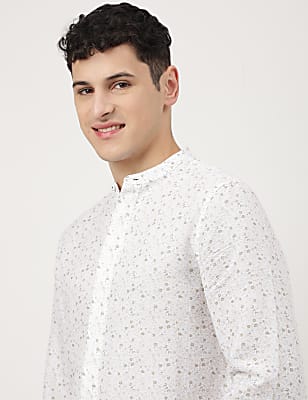 Linen Mix Printed Mandarin Collar Shirt