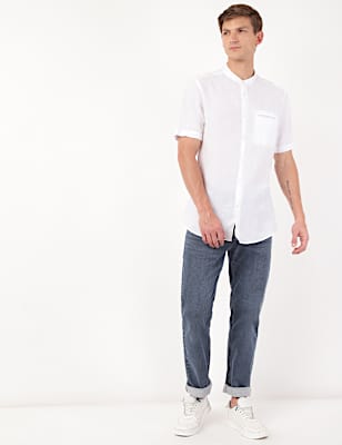 Linen Mix Plain Mandarin Collar Shirt