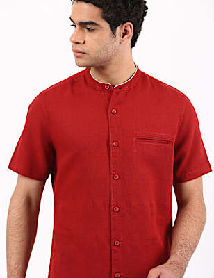 Linen Mix Grandad Collar Solid Shirt
