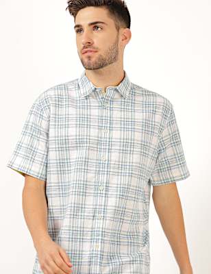 Linen Mix Checked Spread Collar Shirt