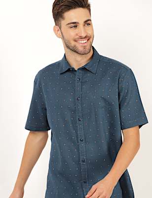 Flax Linen Mix Printed Spread Collar Shirt