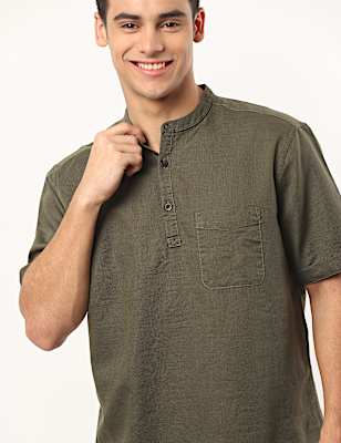 Flax Linen Mix Plain Mandarin Collar Shirt