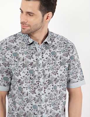 Linen Mix Floral Spread Collar Shirt