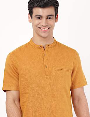 Linen Mix Plain Mandarin Collar Shirt