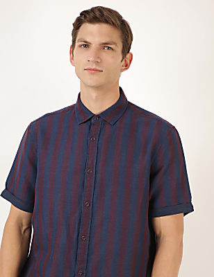 Linen Mix Striped Spread Collar Shirt