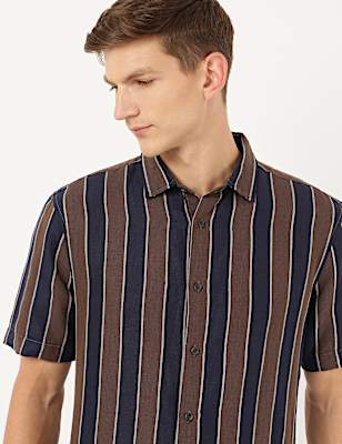 Linen Mix Striped Spread Collar Shirt