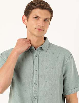 Linen Mix Printed Spread Collar Shirt