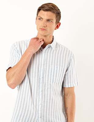 Linen Mix Striped Spread Collar Shirt