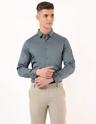 Cotton Mix Plain Spread Collar Shirt