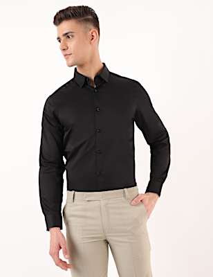 Cotton Mix Plain Spread Collar Shirt