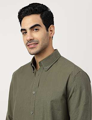 Pure Cotton Plain Button-down Collar Shirt