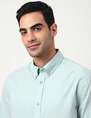 Pure Cotton Plain Button Down Collar Shirt