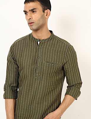 Linen Mix Striped Mandarin Neck Shirt