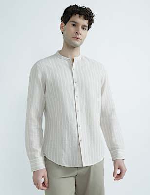 Linen Rich Mandrin Collar Striped Shirt