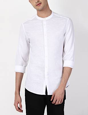 Linen Mix Grandad Collar Solid Shirt