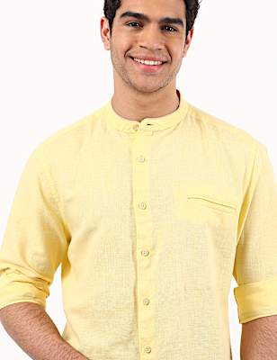 Linen Mix Grandad Collar Solid Shirt