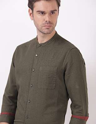 Linen Mix Plain Mandarin Collar Shirts