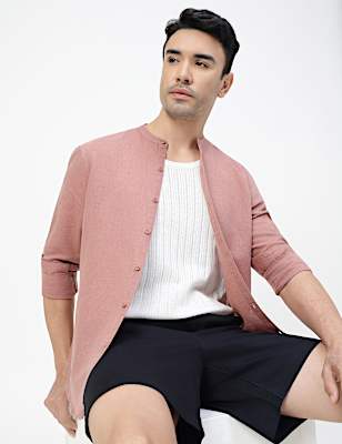 Linen Rich Plain Band Collar Shirt