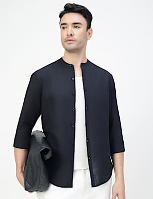 Linen Rich Plain Band Collar Shirt