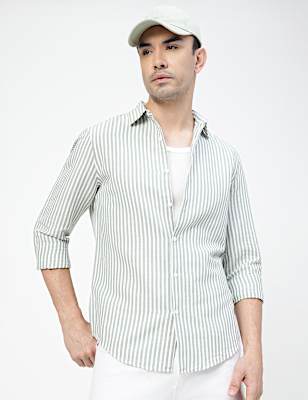 Linen Rich Striped Spread Collar Shirt