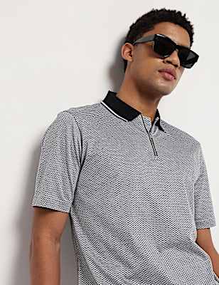 Pure Cotton Geometric Polo Neck T-Shirt