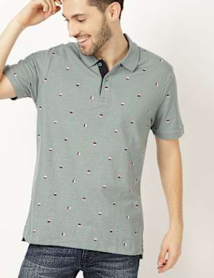 Pure Cotton Printed Polo Neck T-Shirt