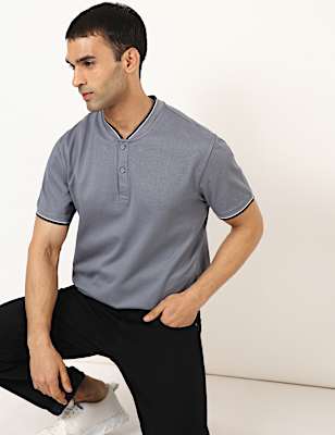 Pure Cotton Self Design Henley Neck T-Shirt