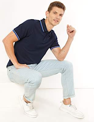 Pure Cotton Striped Polo Neck T-Shirt