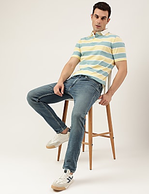 Regular Fit Pure Cotton Stripes Polo Collar Tshirt