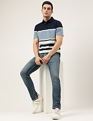 Regular Fit Pure Cotton Stripes Polo Collar Tshirt