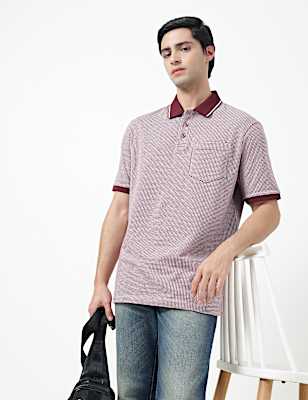 Pure Cotton Self Design Polo Neck T-Shirt