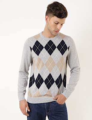 Pure Cotton Argyle Print Crew Neck Jumper