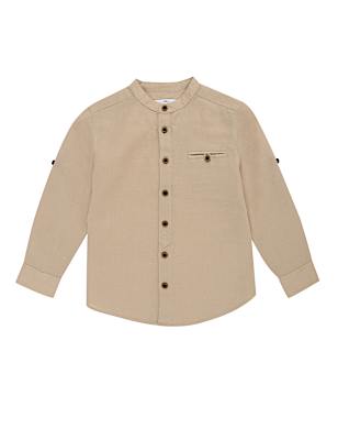 Flax Linen Mix Plain Mandarin Collar Shirt