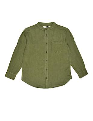 Linen Mix Plain Mandarin Collar Shirt