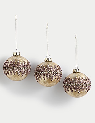 3pk Gold Glass Jewelled Baubles