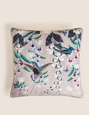 Velvet Hummingbird Embellished Cushion