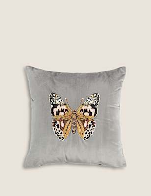 Velvet Butterfly Embroidered Cushion