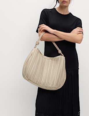 Faux Leather Pleated Top Handle Shoulder Bag