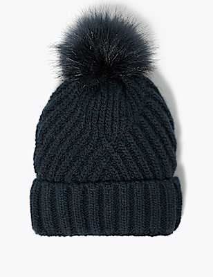 Knitted Faux Fur Bobble Beanie Hat
