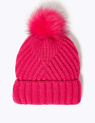 Knitted Faux Fur Bobble Beanie Hat