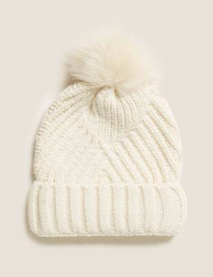 Knitted Faux Fur Bobble Beanie Hat