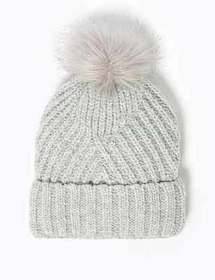 Knitted Faux Fur Bobble Beanie Hat