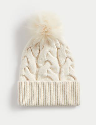 Knitted Cable Faux Fur Pom Hat