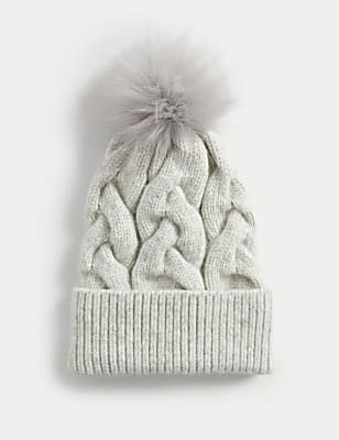 Knitted Cable Faux Fur Pom Hat