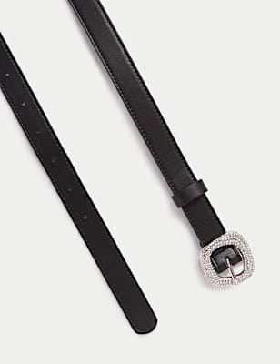 Faux Leather Crystal Square Buckle Belt