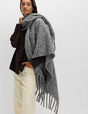 Brushed Fringed Wrap Scarf with Wool