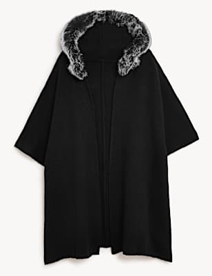 Hooded Faux Fur Trim Poncho