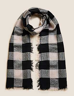 Checked Fringed Scarf with Wool